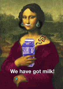 mona lisa with a tatooe holding a milk carton