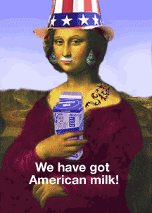 mona lisa in a usa flag hat with a tatooe holding a milk carton with text along side